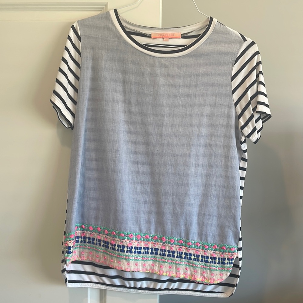 Vilagallo Blue & White Striped Embroidered Short Sleeve Top